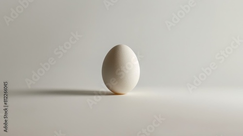 Close up view of a lone oval white egg placed horizontally against a white backdrop