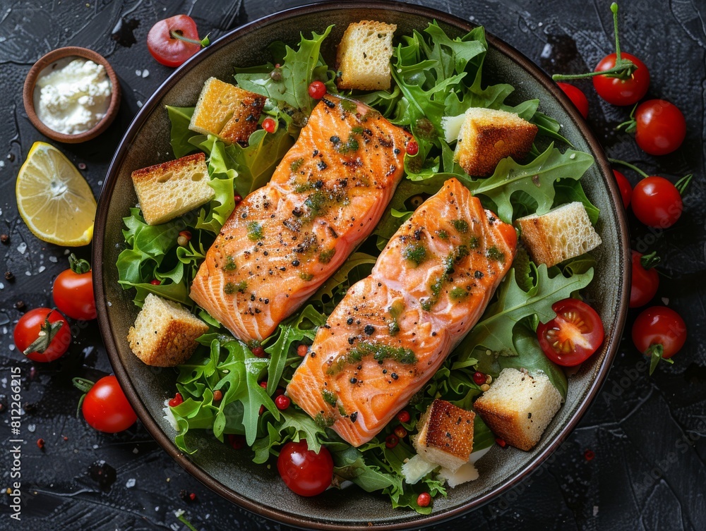 A perfectly grilled salmon fillet served on a bed of fresh arugula and spinach salad with croutons and tomatoes A perfectly grilled salmon fillet served on a bed of fresh arugula and spinach salad with croutons and tomatoes