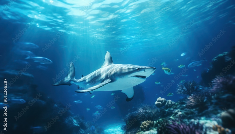 Obraz premium The great White Shark in the ocean, portrait of White shark hunting prey in the underwater