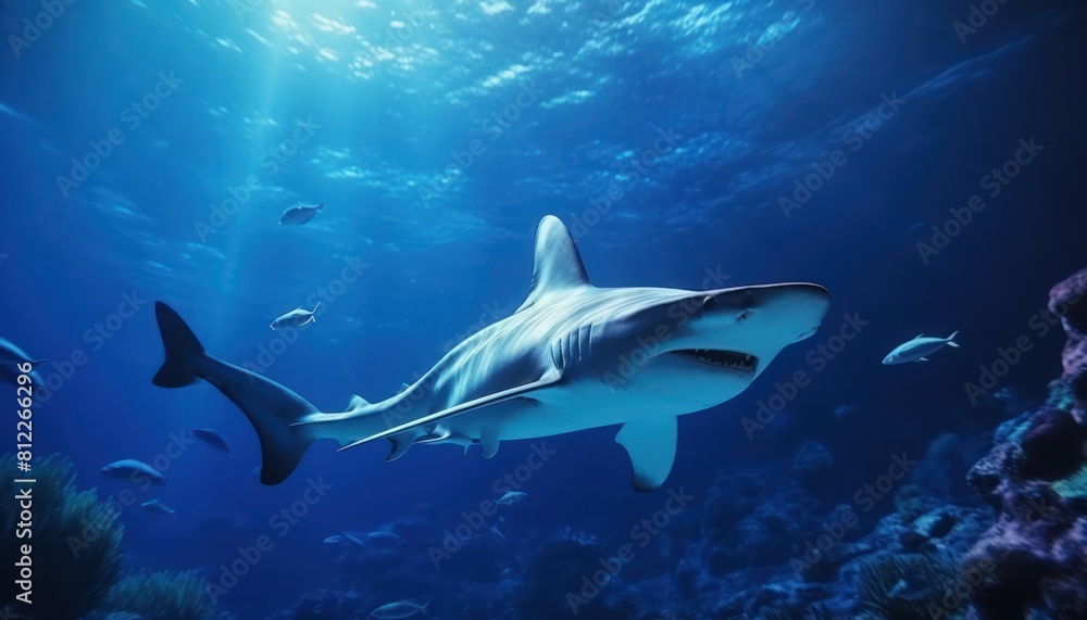 The great White Shark in the ocean, portrait of White shark hunting prey in the underwater The great White Shark in the ocean, portrait of White shark hunting prey in the underwater