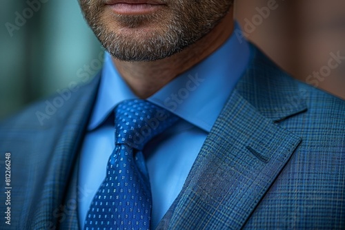 Sophisticated portrait focusing on a stylish blue suit and blue dotted tie