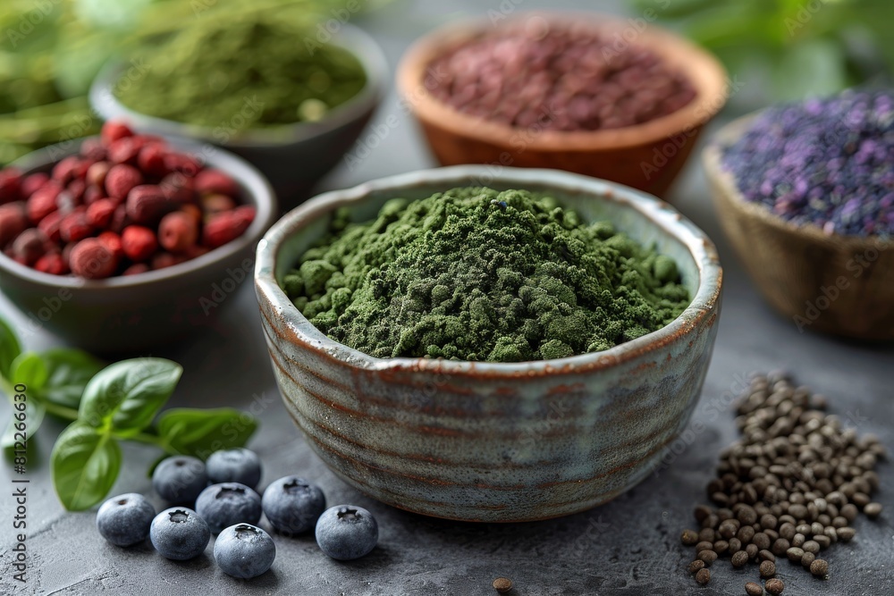 A rustic bowl of green matcha powder surrounded by assorted superfoods like berries and herbs A rustic bowl of green matcha powder surrounded by assorted superfoods like berries and herbs