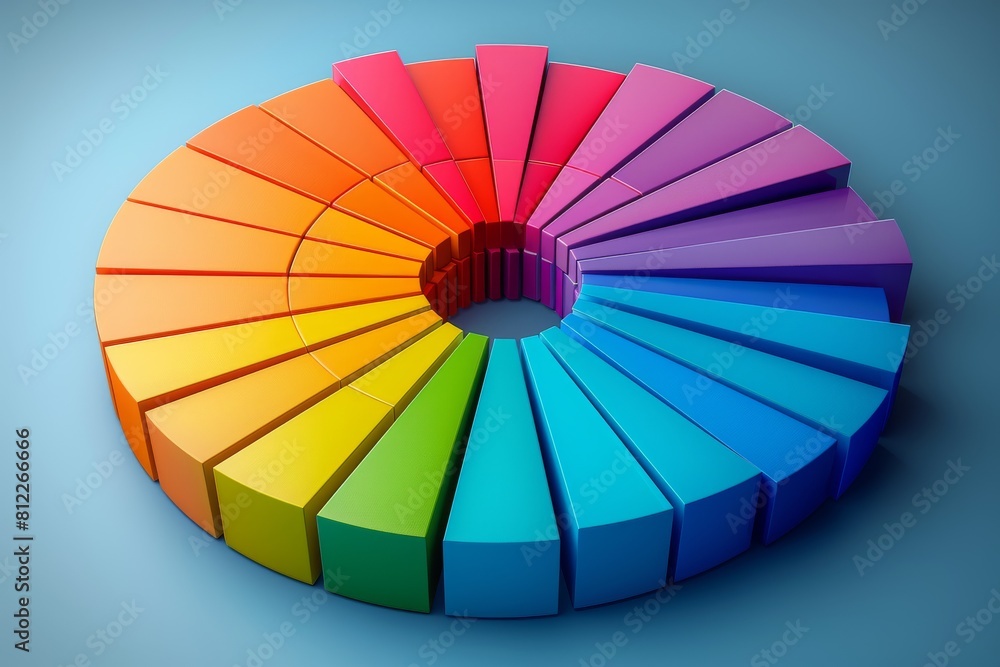 Obraz premium A 3D circular bar graph with vibrant segments on a blue background, representing data or statistics