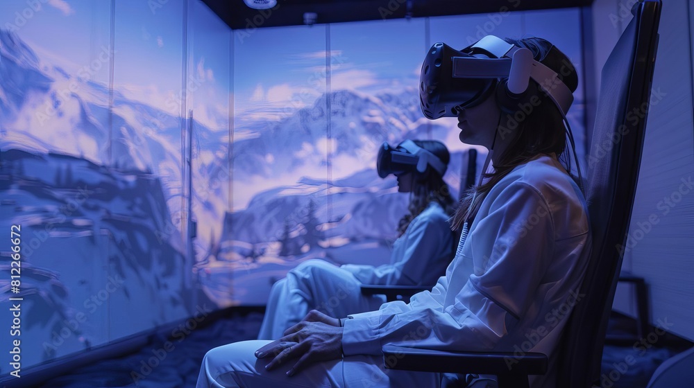 A virtual reality therapy session designed to help users overcome phobias, featuring simulated environments A virtual reality therapy session designed to help users overcome phobias, featuring simulated environments