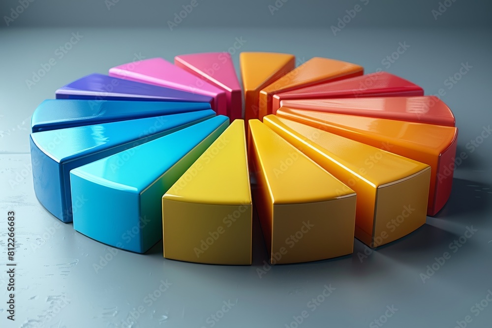 Obraz premium A glossy 3D pie chart in rainbow colors, reflecting on a wet surface, indicates market share or data