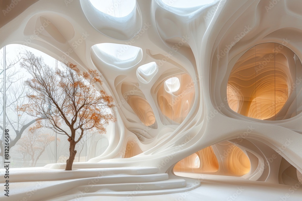 Obraz premium Surreal interior space with curvaceous white walls and openings, featuring a solitary tree in a haze