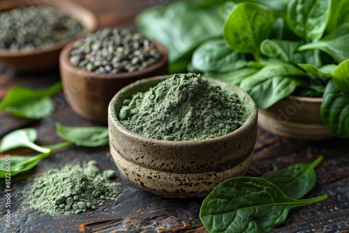 Close-up of stoneware bowl filled with fresh matcha powder, alongside vibrant green spinach leaves