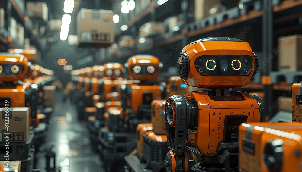 A warehouse fully operated by robots, efficiently sorting and packing orders for shipment A warehouse fully operated by robots, efficiently sorting and packing orders for shipment