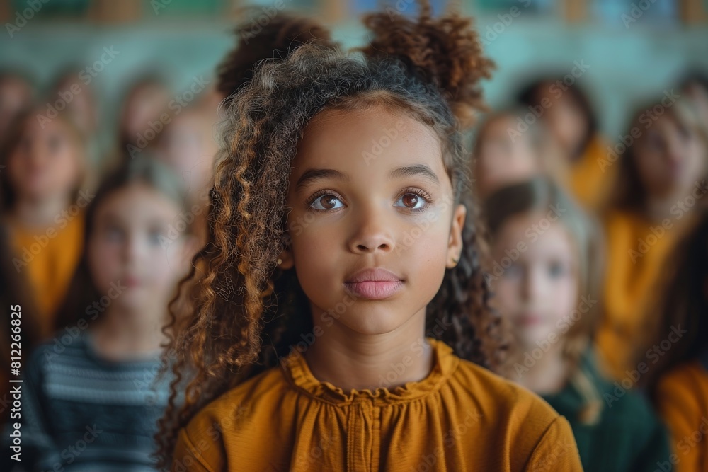 A young girl with curly hair looking thoughtful in a yellow dress among a group A young girl with curly hair looking thoughtful in a yellow dress among a group