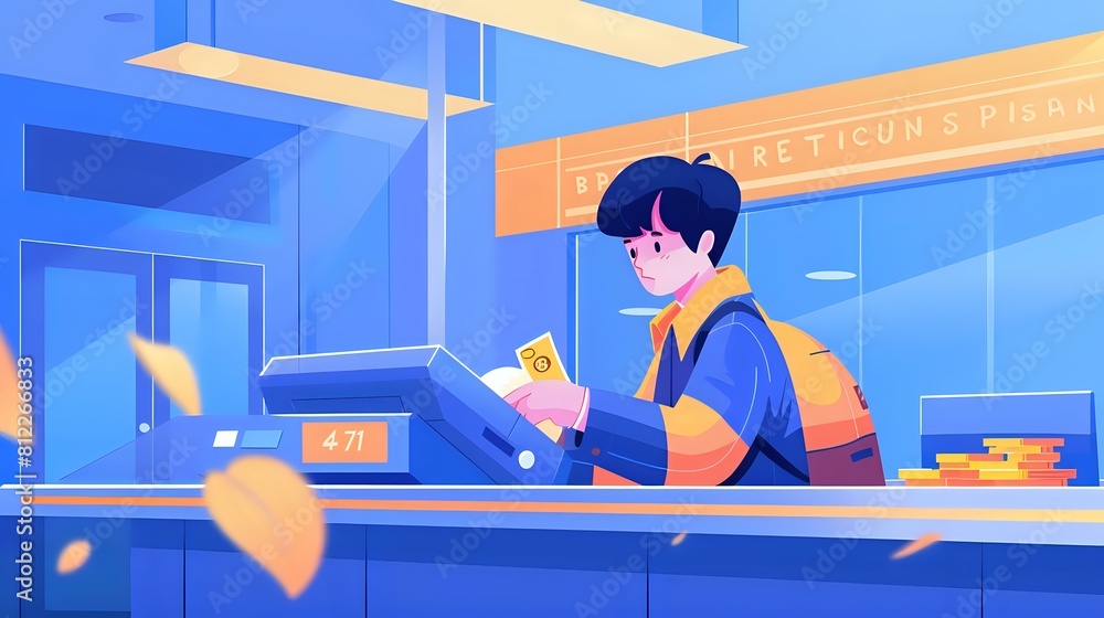 Professional Bank Teller: Illustration of Daily Tasks and Customer Assistance Professional Bank Teller: Illustration of Daily Tasks and Customer Assistance