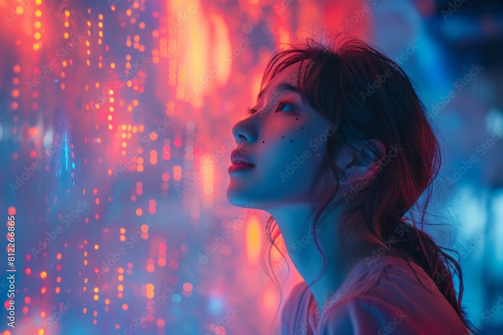 Despite a blurred face, the photograph captures a person bathed in vivid red and blue neon lights Despite a blurred face, the photograph captures a person bathed in vivid red and blue neon lights