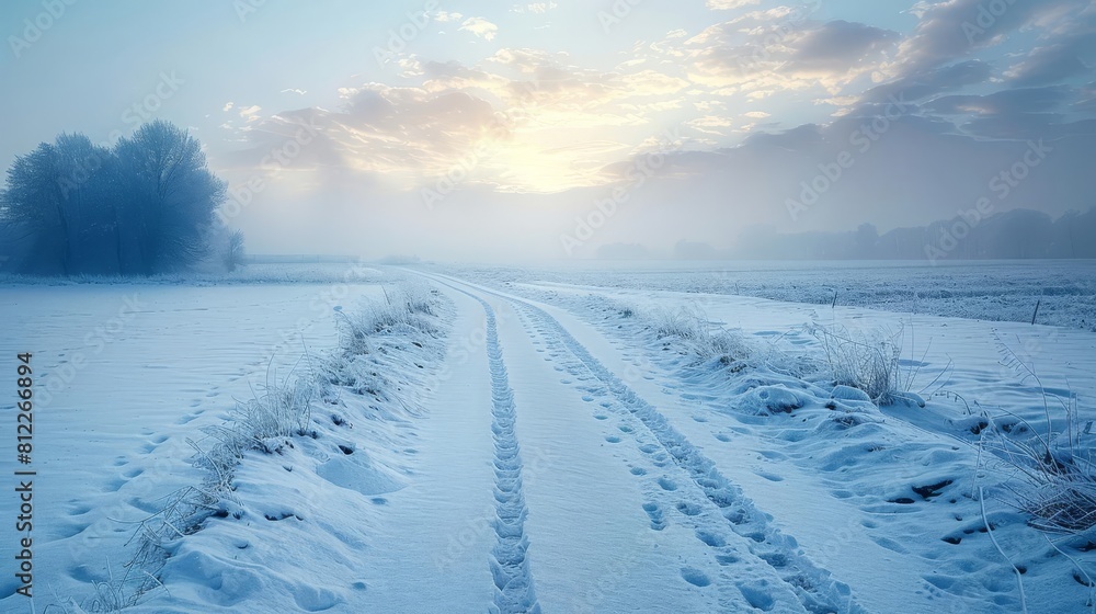 A wintry crossroads covered in snow, with a single set of footprints leading away into the distance A wintry crossroads covered in snow, with a single set of footprints leading away into the distance