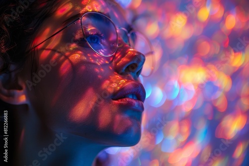 A mysterious silhouette figure stands blurred against a vibrant backdrop of colorful bokeh lights