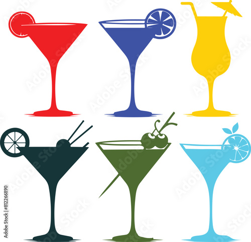 Set of various martini glasses on white background