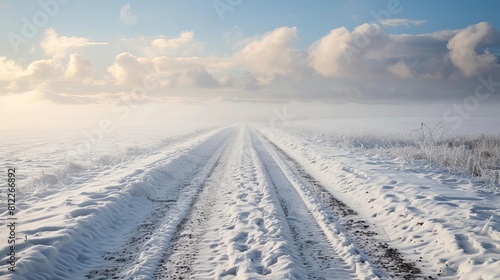 A wintry crossroads covered in snow  with a single set of footprints leading away into the distance