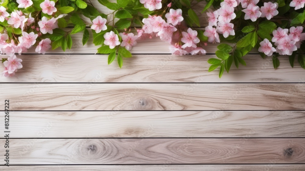 Fototapeta premium white wooden tabletop with cherry blossoms and green leaves as a frame and free space for text