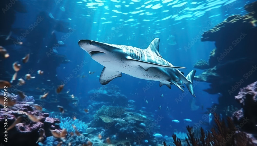 Fototapeta premium The great White Shark in the ocean, portrait of White shark hunting prey in the underwater