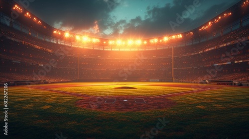 Empty Baseball Stadium Illuminated by Lights photo