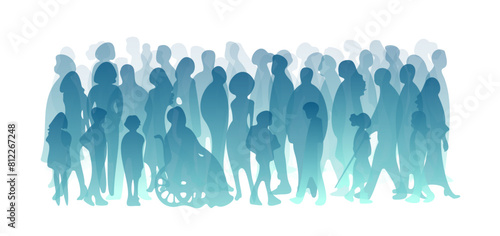 Diverse people, modern city population. Urban lifestyle. Different human silhouettes. Men, women, kids, seniors group. Crowd, community, society concept. Color line drawn vector cityscape illustration