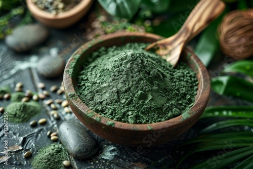 Close-up of a wooden bowl filled with green powder  possibly a superfood  with a wooden spoon on dark background