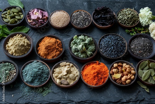 Assorted bowls of colorful superfood powders surrounded by herbs and seeds on a dark background