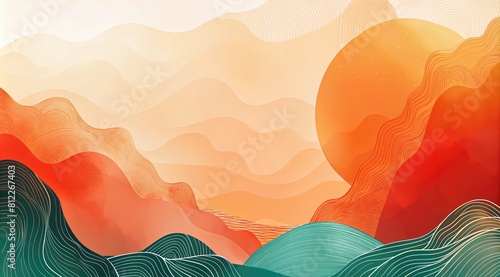 Colorful hand-drawn Background for the Asian American Heritage Month banner. Oriental template design with an empty space for copying text. Abstract background with red sun and waves
