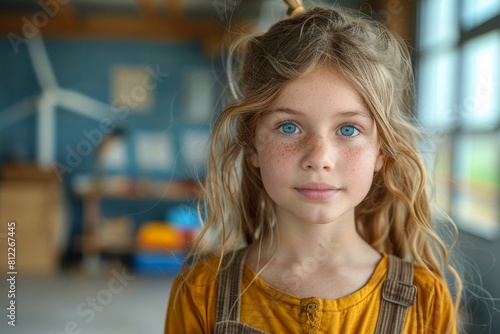 An engaging portrait of a young girl in a yellow jumpsuit, with striking blue eyes and an attentive gaze