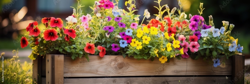 Beautiful different color flowers in pots on wooden pallet