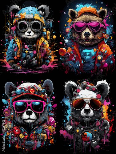 Funky cartoon pandas in hoodies and sunglasses, splashed with neon paint and futuristic accessories. A wild fusion of street art, urban fashion, and digital fantasy style.

