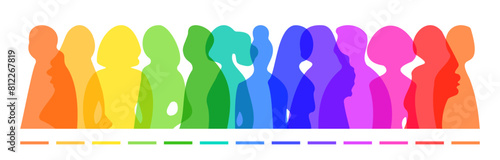 Abstract people silhouettes. Rainbow color persons vector illustration. Diverse human crowd. Community, society, different cultures population. Multicultural pride, International LGBT rights concept.