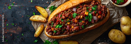 Sloppy joes with potato wedges, fresh food banner, top view with copy space photo