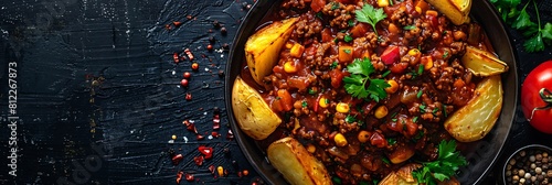 Sloppy joes with potato wedges, top view horizontal food banner with copy space photo