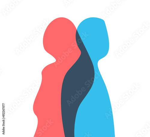 Love, relationship man, woman silhouette together. Couple close up Illustration. Happiness expression, two partner. Sex, marriage, romance wedding concept. Romantic blue and red spirit abstract vector