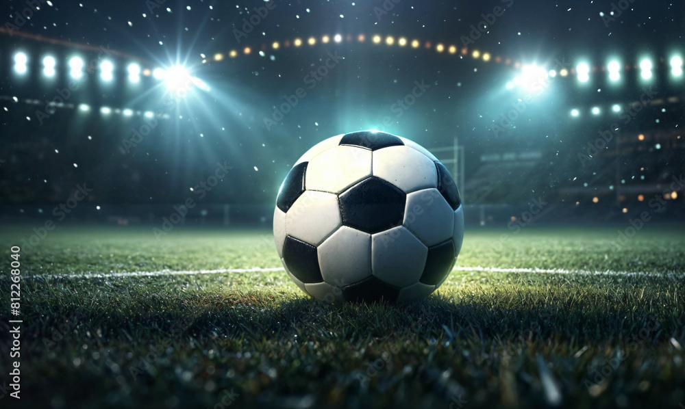Fototapeta premium Close up of a soccer ball in the center of the stadium illuminated by the headlights