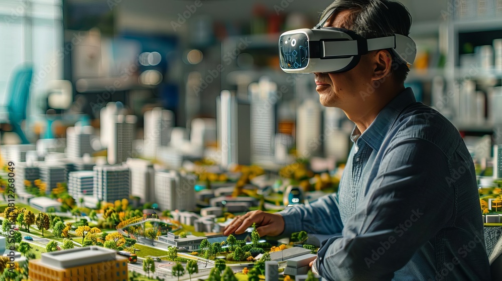 An urban planner using a virtual reality headset to design and simulate traffic flow in a smart city model