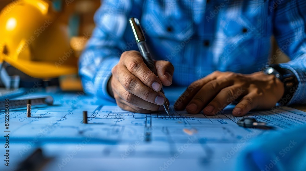Closeup of a hand holding a pen over a detailed blueprint, with an architect s helmet and tools nearby Closeup of a hand holding a pen over a detailed blueprint, with an architect s helmet and tools nearby