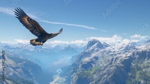 A majestic eagle soaring high above a mountain range, with clear blue skies and distant peaks in the background.