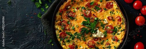 Spanish omelette with garlic aioli, fresh food banner, top view with copy space photo