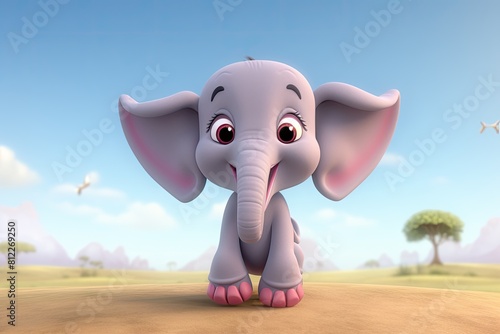 Playful cartoon elephant in a sunny field, Smiling elephant enjoying nature in a meadow.