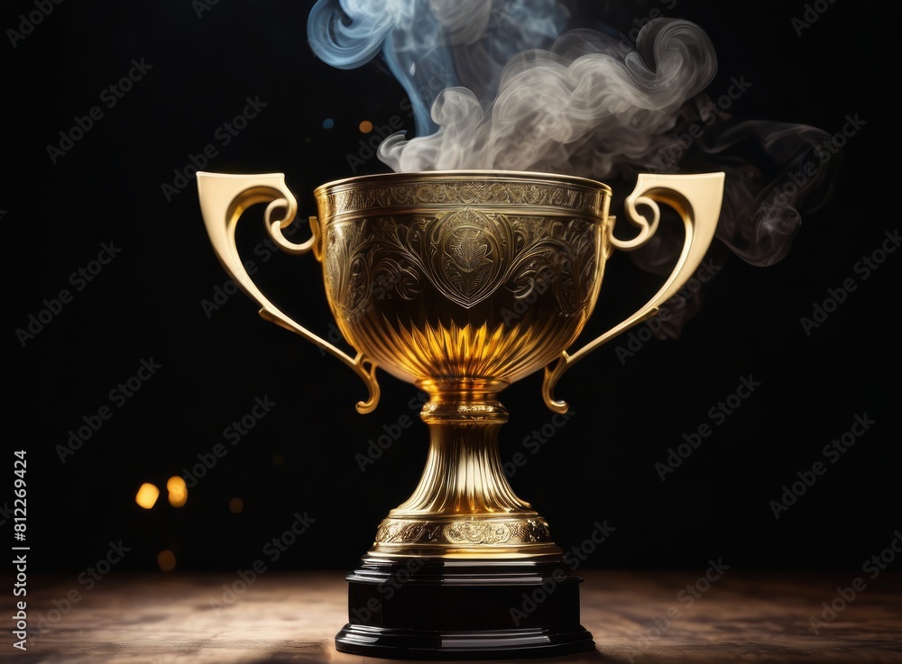 Trophy cup with smoke on a dark background Trophy cup with smoke on a dark background