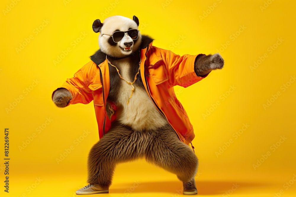 Playful panda in a bright yellow jacket grooving to the beat, Panda wearing a sunny yellow coat showing off dance moves. Playful panda in a bright yellow jacket grooving to the beat, Panda wearing a sunny yellow coat showing off dance moves.