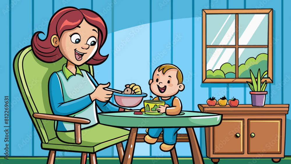 child feeding mother feeds the baby sitting cartoon vector illustration child feeding mother feeds the baby sitting cartoon vector illustration