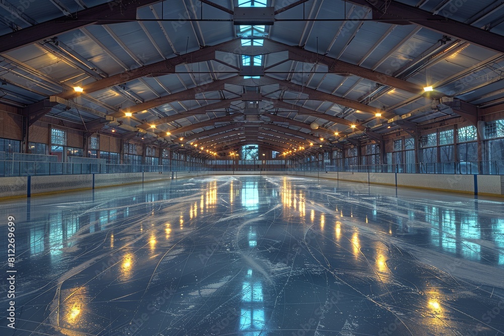 Empty ice skating rink indoors, with reflections under industrial ceiling lights