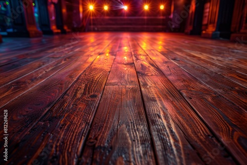 Dramatically lit wooden floor of a theater stage with a dark mysterious background