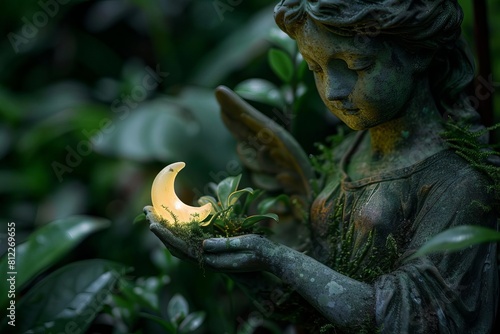 A crescent moon resting in the palm of a fairy statue  illuminating a hidden glen