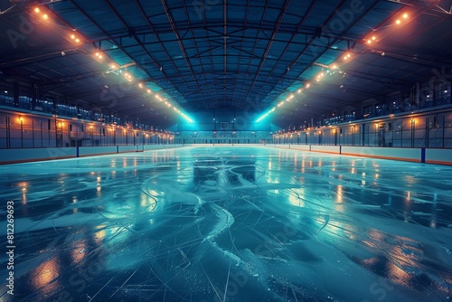 Indoor hockey rink with blue lighting and reflections on the ice surface at dusk