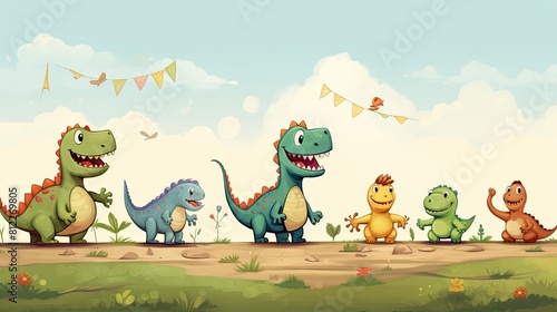 A playful group of cartoon dinosaurs strolling in a lush field  Colorful cartoon dinosaurs marching through a green landscape.