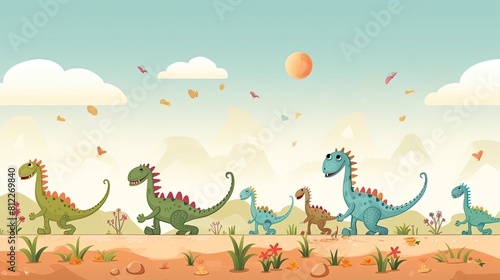 A playful group of cartoon dinosaurs strolling in a lush field, Colorful cartoon dinosaurs marching through a green landscape. photo
