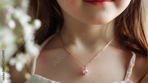 Close-up of smiling young girl wearing delicate necklace