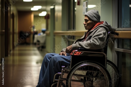 Elderly man in a wheelchair looking contemplative in a hospital corridor, Senior citizen sits quietly in a wheelchair by a hospital window at night.
